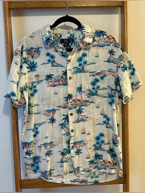 George Tropical Print Short-Sleeve Button-Down Shirt - Blue/White